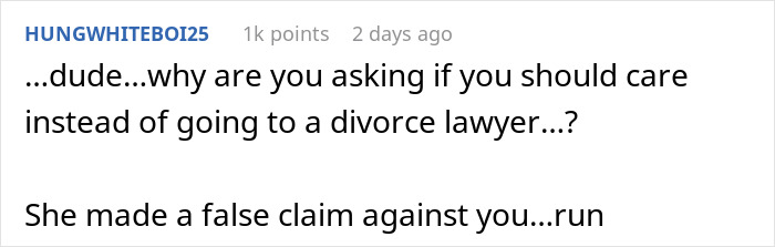 Comment section screenshot showing a user advising to see a divorce lawyer after false domestic violence claims hurt empathy.