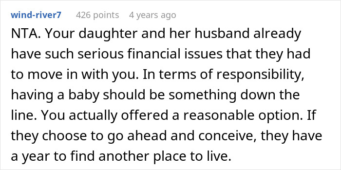 Comment discussing parents forbidding their daughter to have a baby under their roof causing relationship issues.