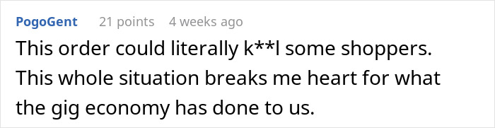 Screenshot of a user comment discussing the hardship of Instacart shoppers dealing with demanding customers and gig economy challenges.