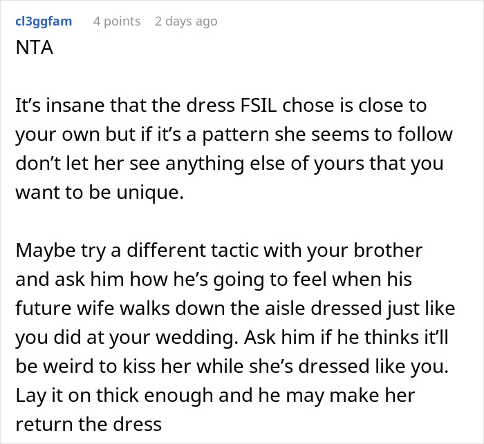 Woman confronting brother&rsquo;s fianc&eacute;e over copying her wedding dress causing family tension and drama before the wedding day