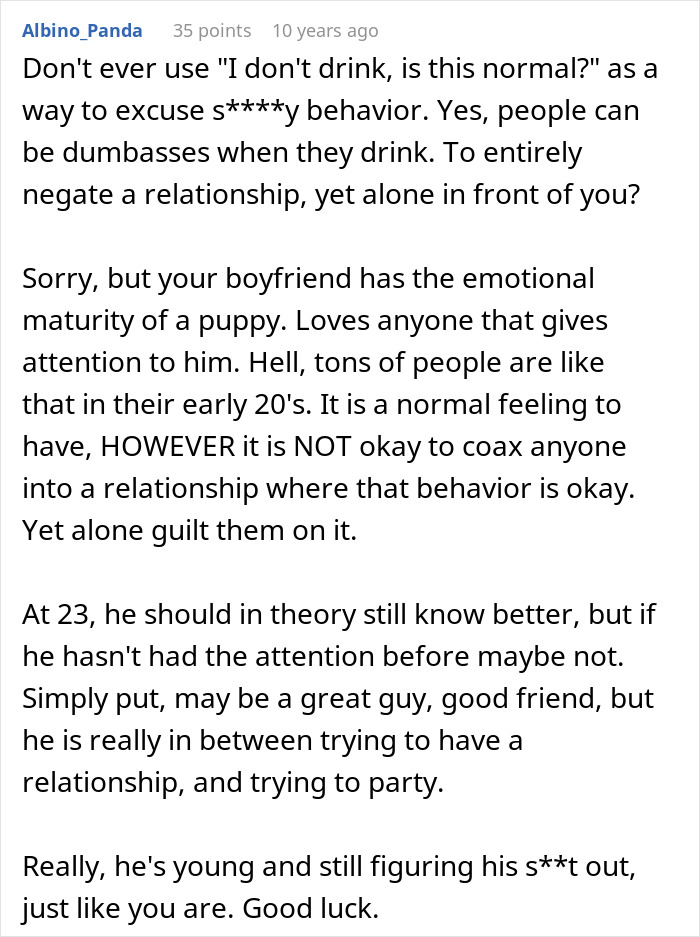 Screenshot of a comment discussing immature behavior and excuses made by a guy pretending to be single at a party.