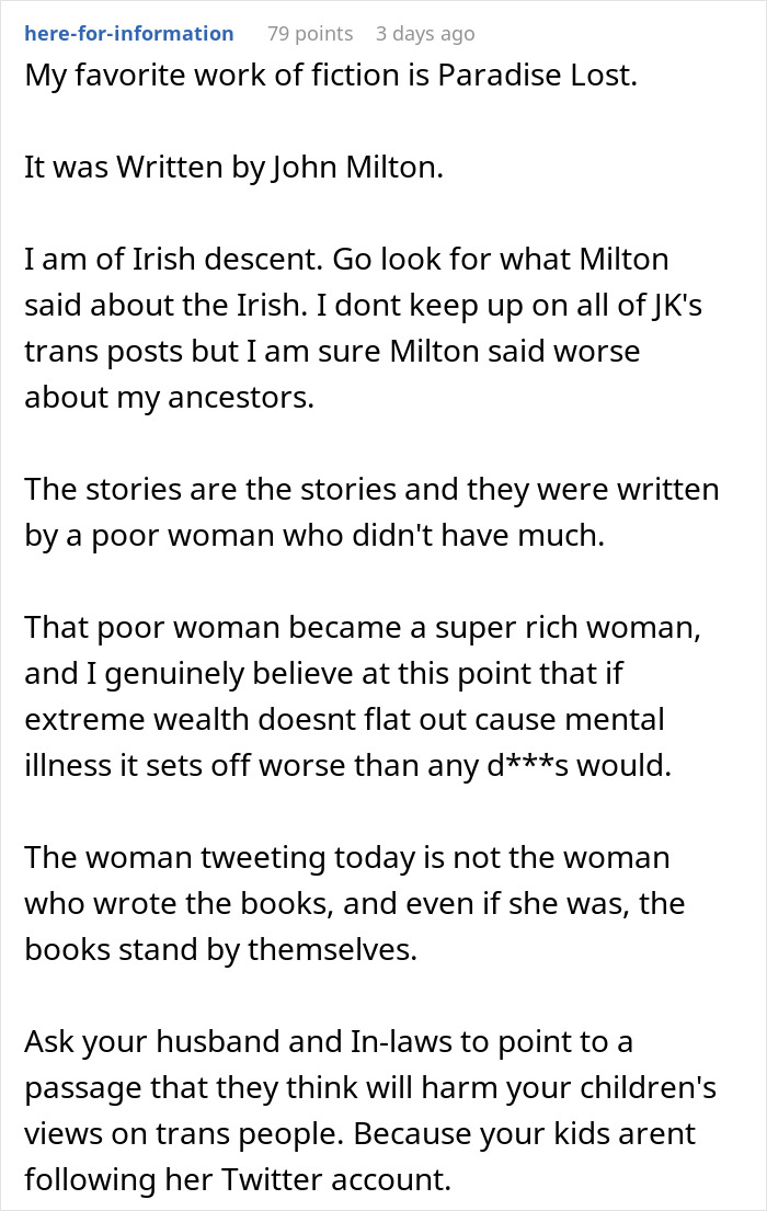 Commenter defends Harry Potter books against bigoted and hateful person claims in family dispute over giving kids the books.