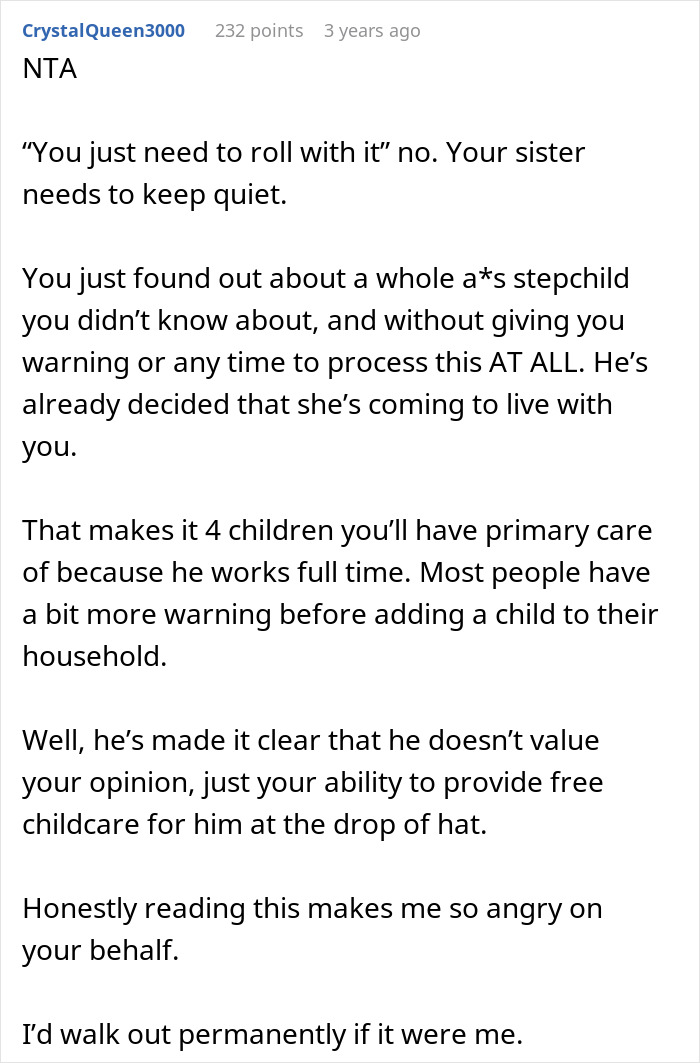 Reddit user comments on man promising wife a quiet life with two kids, then adding a surprise stepdaughter.