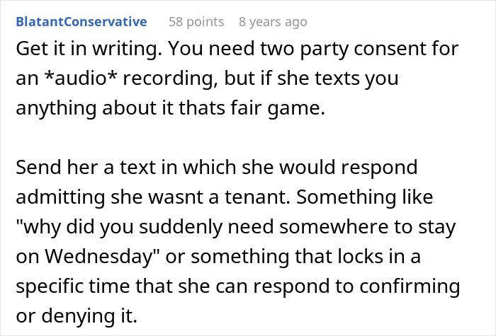 Comment about legal advice on audio recording consent and proving tenancy through text messages in a house dispute.