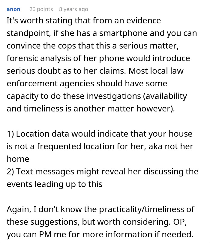 Comment discussing forensic analysis and location data to prove a friend does not live in the house she broke into.