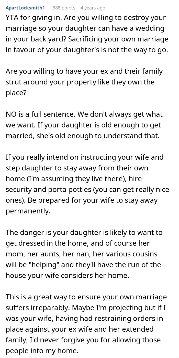 Comment discussing consequences of a man refusing to let his daughter have a wedding in his yard, risking family conflict.