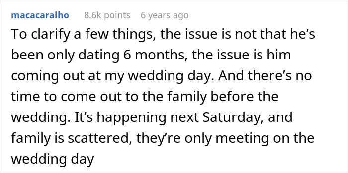 Alt text: Reddit comment discussing a man urging his gay brother to come out but refusing at his wedding day. Alt text: Reddit comment discussing a man urging his gay brother to come out but refusing at his wedding day.