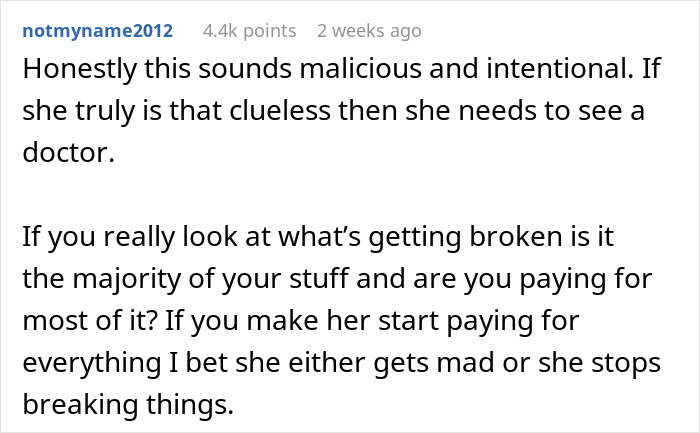 Comment text on a forum discussing frustration with a clumsy girlfriend who keeps breaking his stuff.