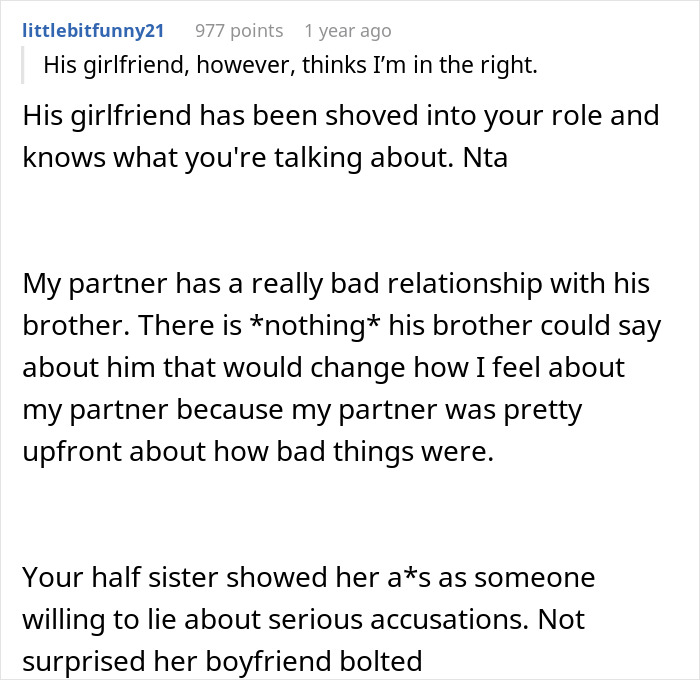Text conversation discussing a person telling their half-sister they ran away because of her, causing family fallout. Text conversation discussing a person telling their half-sister they ran away because of her, causing family fallout.