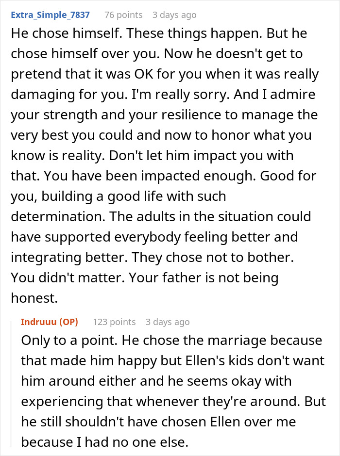 Reddit comments discussing family rejection and stepsiblings causing a 20-year-old to refuse attending family dinner.