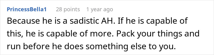 Comment expressing concern about sadistic behavior after a husband&rsquo;s prank causes a claustrophobic woman to cry and vomit.