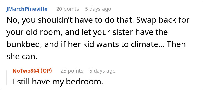 Screenshot of an online discussion where a teen explains removing the bunk bed ladder to block a clingy niece.