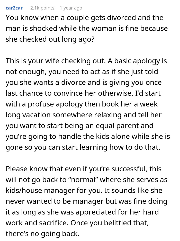 Alt text: Man tells wife she couldn&rsquo;t do it without him as she proves him wrong by handling challenges independently