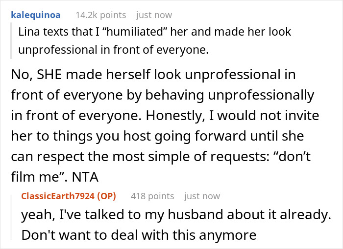 Conversation screenshot of a heated discussion about a self-proclaimed influencer filming SIL at birthday dinner and being blocked.