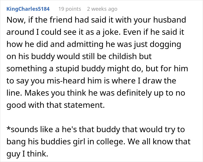 Reddit comment discussing friend&rsquo;s compliment turning uncomfortable and a wife's insistence on finding a hotel.