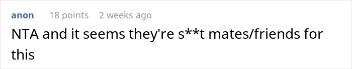 Screenshot of a forum comment discussing a nonbinary person refusing roommates’ boyfriends to use a private bathroom. Screenshot of a forum comment discussing a nonbinary person refusing roommates’ boyfriends to use a private bathroom.