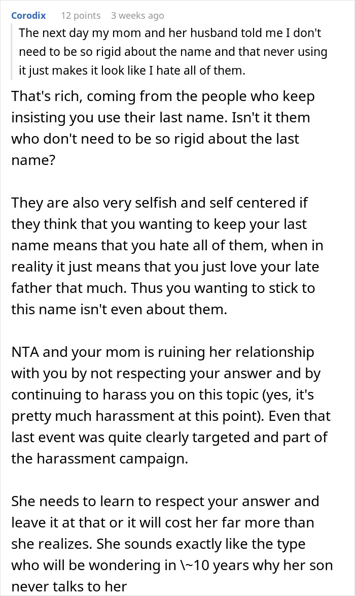 Comment about teen wanting to keep late father last name while mother feels upset, discussing family name conflict.