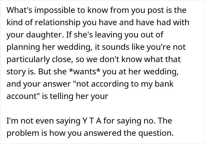 Text excerpt discussing a man&rsquo;s relationship with his daughter and wedding planning issues after spending $22,500.