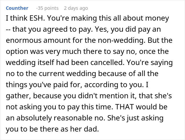 Screenshot of an online comment discussing a man spending $22,500 on a failed wedding and skipping the real one to hang out with friends.