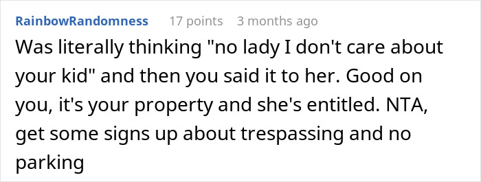 Comment about a young woman threatening cops and a pregnant woman, discussing property rights and trespassing signs.