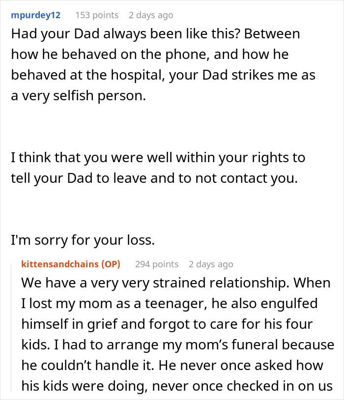 Reddit conversation excerpt showing a woman appalled by dad’s reaction to her giving birth to his dead grandchild. Reddit conversation excerpt showing a woman appalled by dad’s reaction to her giving birth to his dead grandchild.