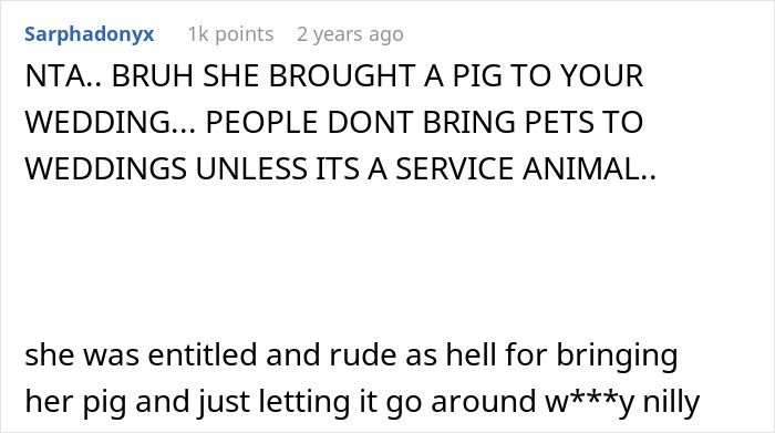 Comment discussing a mother bringing her pet pig to a wedding, causing humiliation in front of guests.