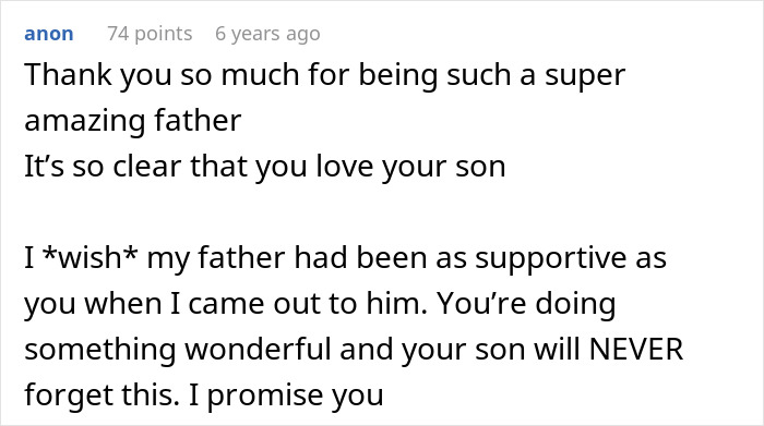 Comment praising a dad for being supportive of his gay son after wife reacts negatively and kicks him out.