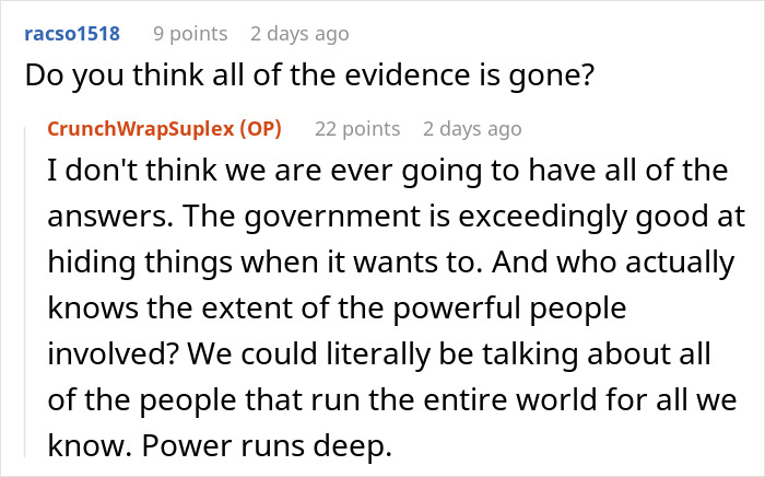 Reddit user discusses doubts about Epstein&rsquo;s death based on experience as a prison officer and government secrecy.