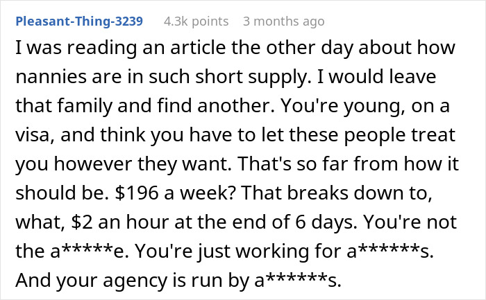 Text post discussing low pay and poor treatment of a 19-year-old nanny from abroad by an American family.
