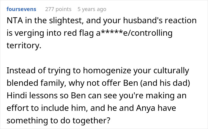 Comment discussing stepdad suggesting punishment for using native language, with mom horrified by his controlling behavior.