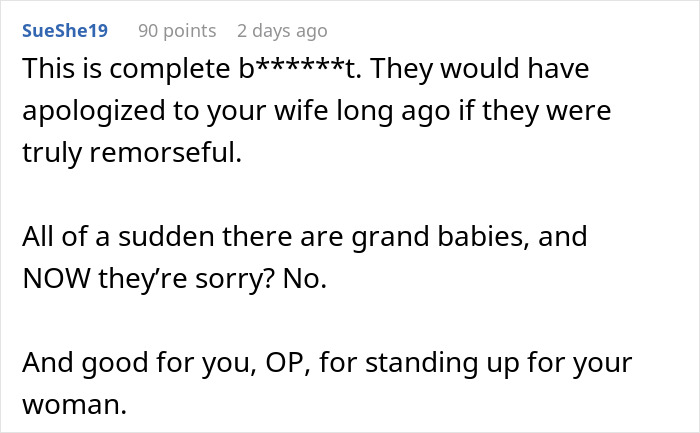 Screenshot of a Reddit comment supporting a man who defends his wife and cuts off his parents, showing online discussion.