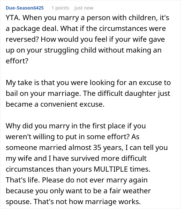 Comment discussing a man leaving marriage after refusing to let wife&rsquo;s daughter live with his kids, emphasizing marriage challenges.