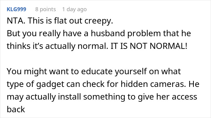 Comment warning about creepy MIL spying on baby cam, suggesting education on hidden camera detection gadgets.