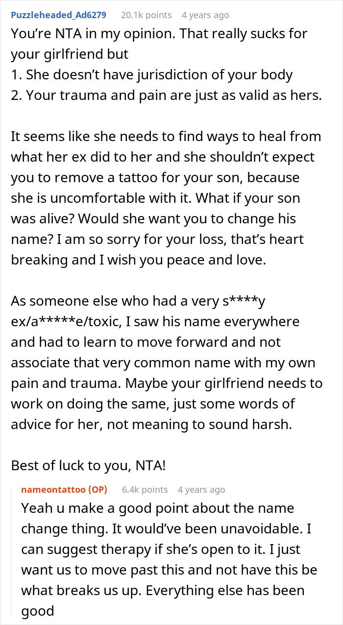 Reddit thread discussing a guy who refuses to remove tattoo of late son's name while his girlfriend finds it a trigger.