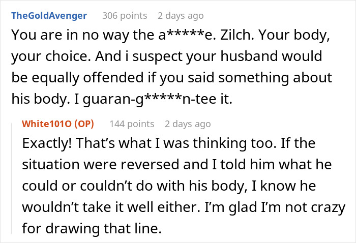 Alt text: Online discussion about a man trying to control decisions about his wife's body and the rejection he faces. Alt text: Online discussion about a man trying to control decisions about his wife's body and the rejection he faces.