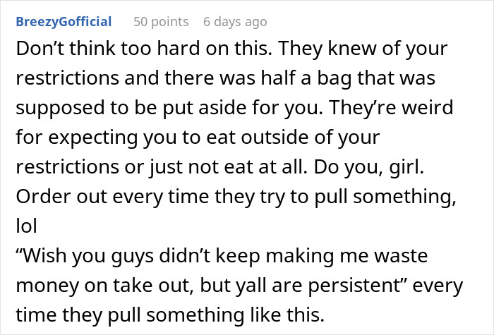 In-Laws Aware Of Woman&rsquo;s Food Restrictions, Are Mad She Finds A Way To Not Eat Their Unsafe Food