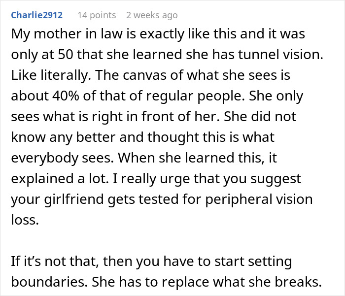 Comment about guy at his breaking point with clumsy girlfriend who keeps destroying his stuff discussing vision issues.