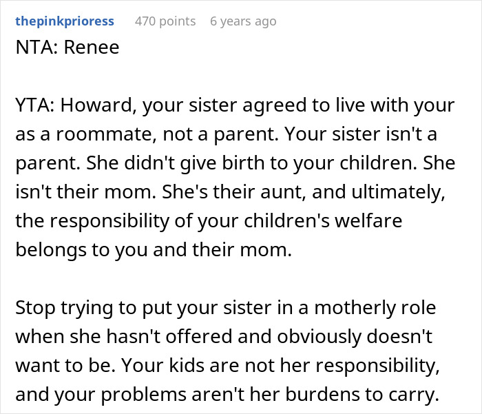 Text post from Reddit user thepinkprioress explaining why the sister refuses childcare duties in a family dispute.