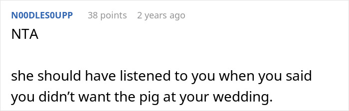 Screenshot of an online comment discussing a pet pig causing trouble at a wedding, focusing on mother humiliation.