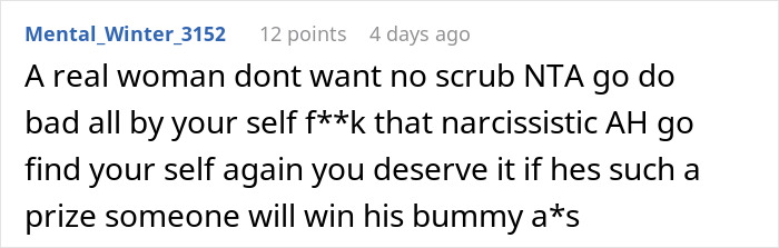 Reddit comment criticizing man demanding divorce from fat and lazy wife until he loses his job, discussing narcissistic behavior. Reddit comment criticizing man demanding divorce from fat and lazy wife until he loses his job, discussing narcissistic behavior.