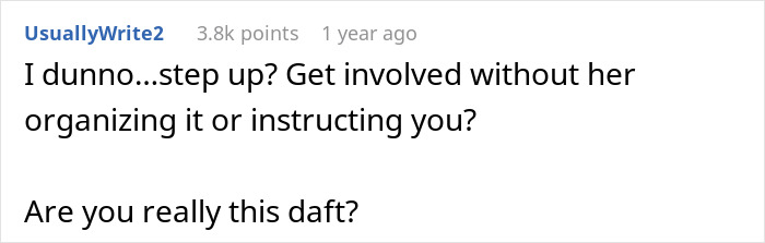 Screenshot of an online comment questioning involvement and organization, highlighting a man tells wife she couldn&rsquo;t do it without him.