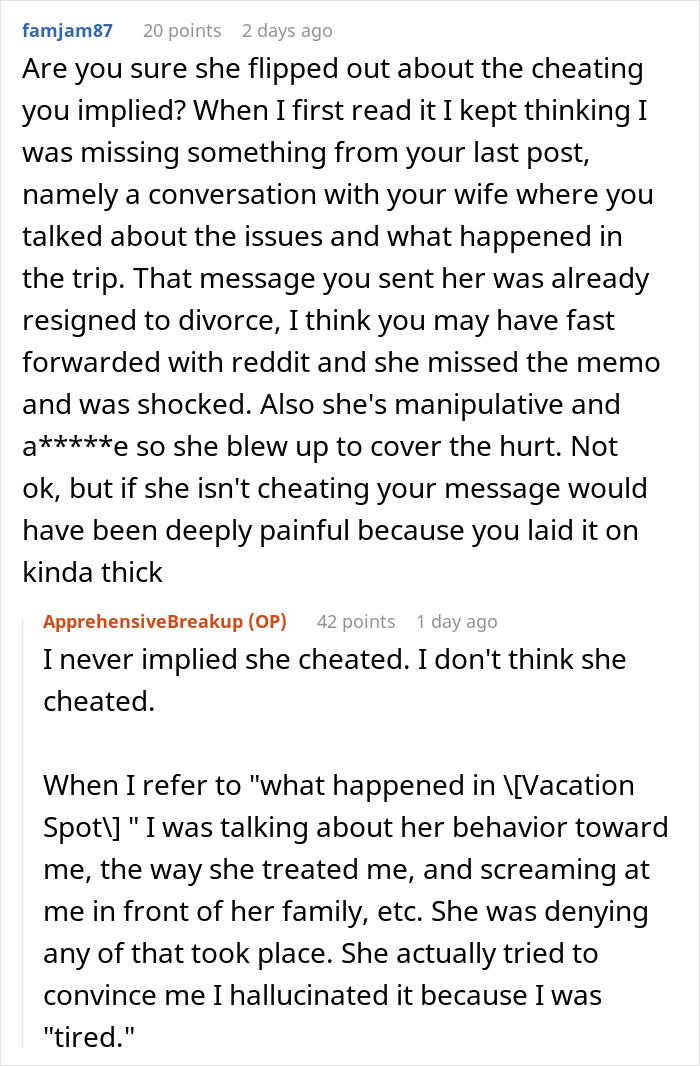 Reddit conversation discussing wife humiliating husband by unleashing years of resentment on an unwanted trip.
