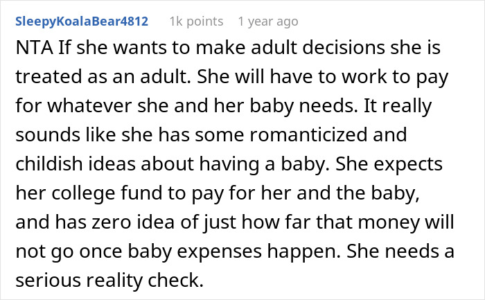 Screenshot of a forum comment discussing a teen insisting on keeping her baby and issues with the baby's dad refusing to help.
