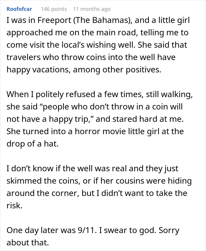 Alt text: Example of a common tourist trap story involving local coin-wishing wells and travel superstitions.