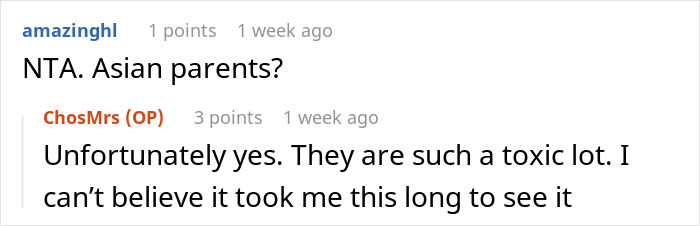 Screenshot of an online discussion about elderly parents expecting daughter to support after losing savings on bad business schemes. Screenshot of an online discussion about elderly parents expecting daughter to support after losing savings on bad business schemes.