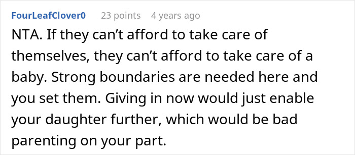 Comment discussing parents forbidding their daughter to have a baby under their roof, stressing the need for strong boundaries.