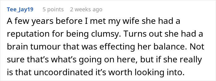 Screenshot of a comment discussing a clumsy girlfriend affecting a guy&rsquo;s belongings due to unsteady balance.