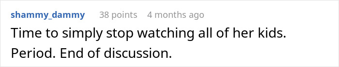 Comment text on a white background discussing refusal to babysit autistic nephew after he injures daughter and spits on her.