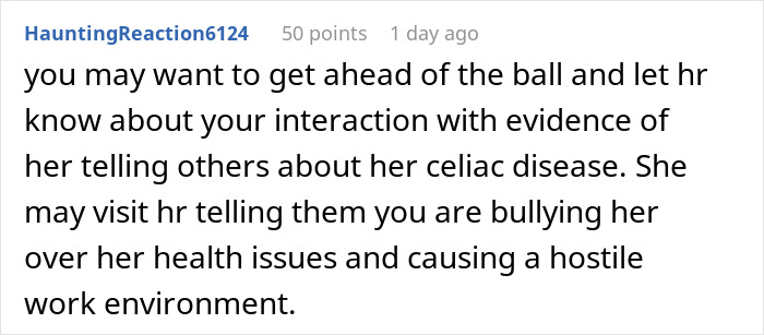 Screenshot of a Reddit comment warning about bullying a gluten-free colleague with celiac disease at a workplace pizza party. Screenshot of a Reddit comment warning about bullying a gluten-free colleague with celiac disease at a workplace pizza party.