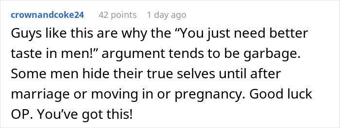 Comment discussing men hiding their true selves and wishing luck to the original poster about inviting parents to stay.
